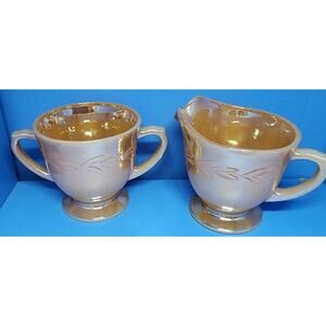 Vintage Fire King Marigold Glass Peach Lusterware Sugar Bowl & Creamer Set READ
